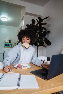 Photo by Mizuno K: https://www.pexels.com/photo/woman-eating-breakfast-writing-in-a-notebook-and-using-laptop-at-the-same-time-12912057/