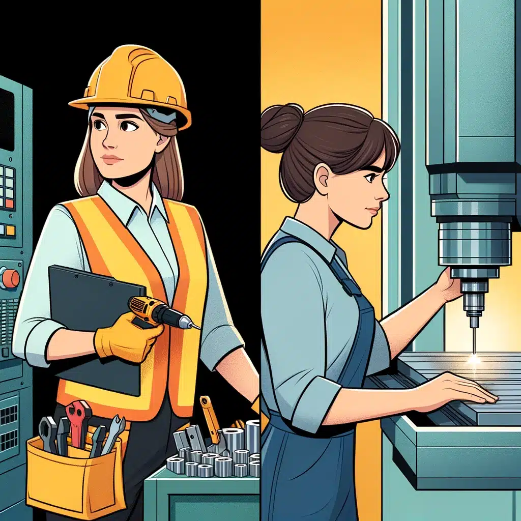 The image features one woman in construction gear on a site and another operating a CNC machine in a manufacturing setting.