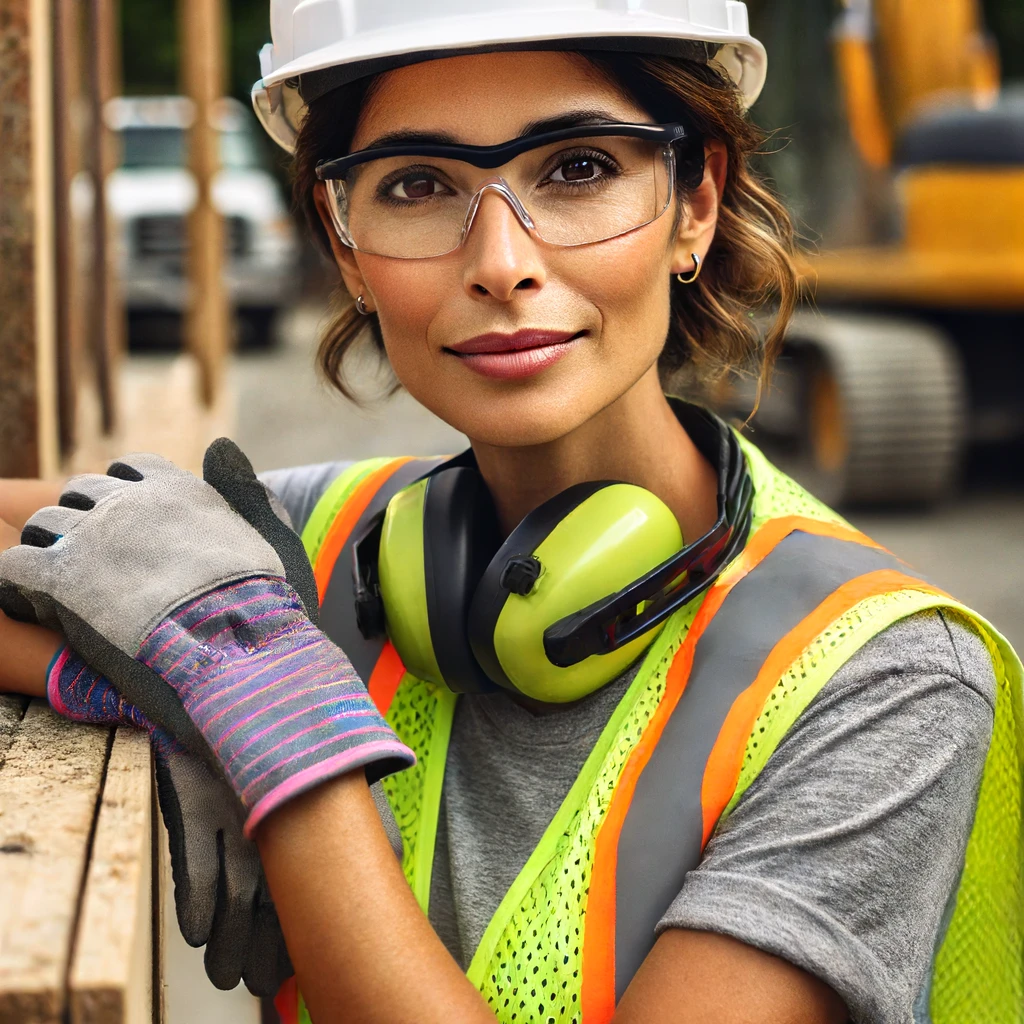 Woman on construction site showing proper safety PPE