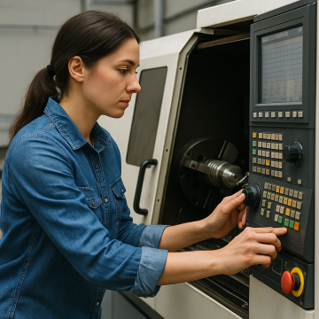 Person adjusting a CNC machine in a quiet workshop, focused on the task.