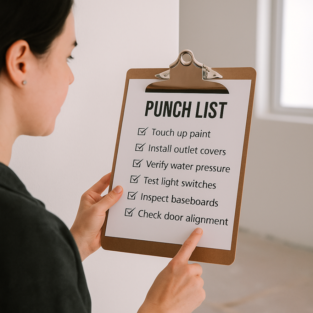Person holding a clipboard with a punch list, checking off items like "Touch up paint" and "Install outlet covers" during a building inspection.