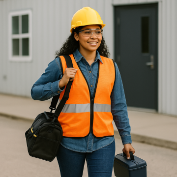 Woman in safety gear walking toward a jobsite carrying a tool bag.