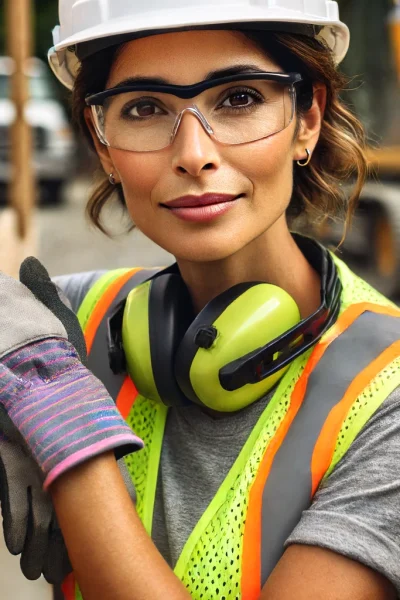 Woman on construction site showing proper safety PPE